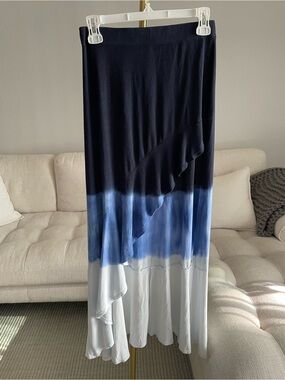 Go Couture Asymmetric Ruffled High-Low Open Front Maxi Skirt Blue Tie-Dye Ombré